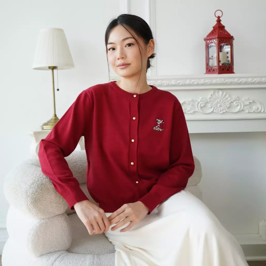 Jisoo Pearl Button Knit Cardigan in Red