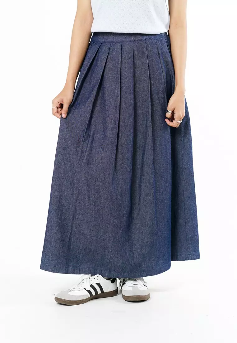 Greenlight Women's Midi Pleated A Line Skirt Cotton Denim Kay HP-C040126