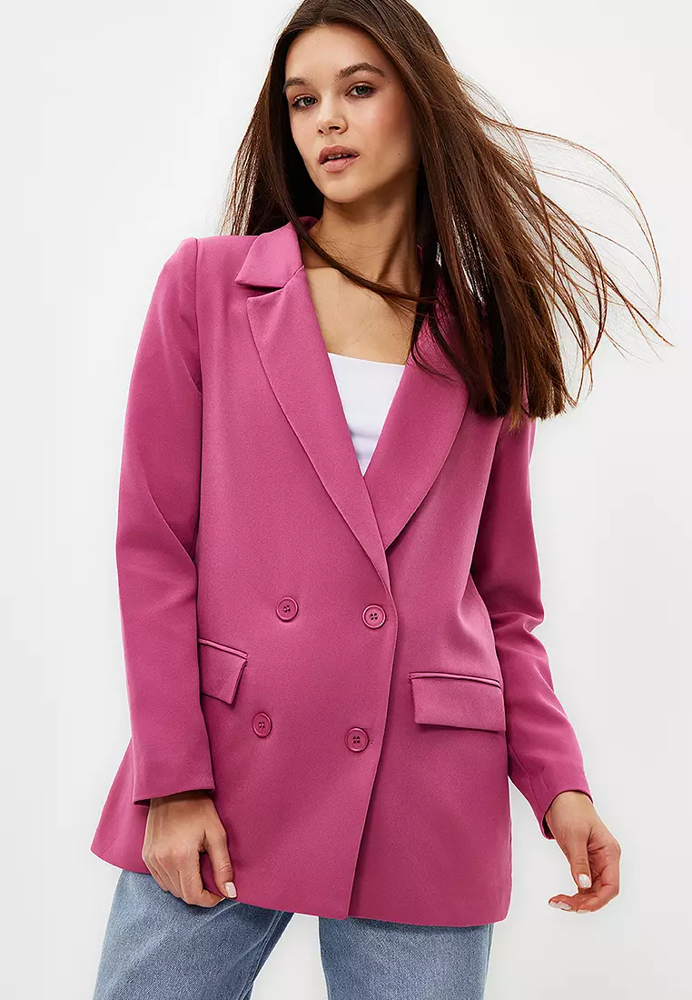 Pink Regular Lined Double Breasted Closure Woven Blazer Jacket