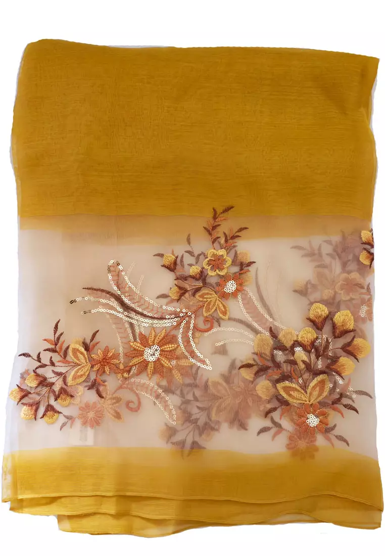 Aksesoris Wanita Golden Thread Embroidery & Sequin Flowery Silk Shawl Syal Sutra Wanita Mustard Yellow