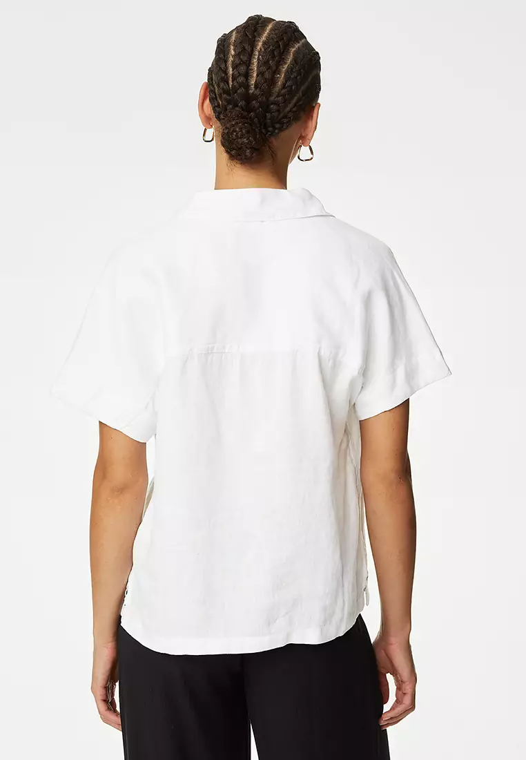 Pure Linen Collared Popover Blouse