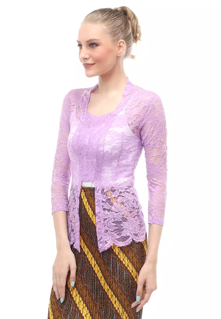 Hara Kebaya Seri 2 Motif Brokat Long Sleeves Atasan Wanita Transparan Premium Quality - Lavender