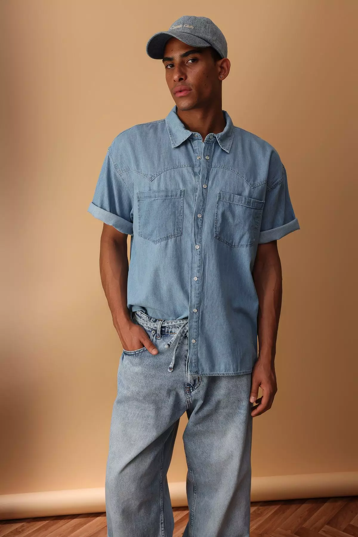 Jual Trendyol Blue Wide Fit Short Sleeve Western Denim Jeans Shirt