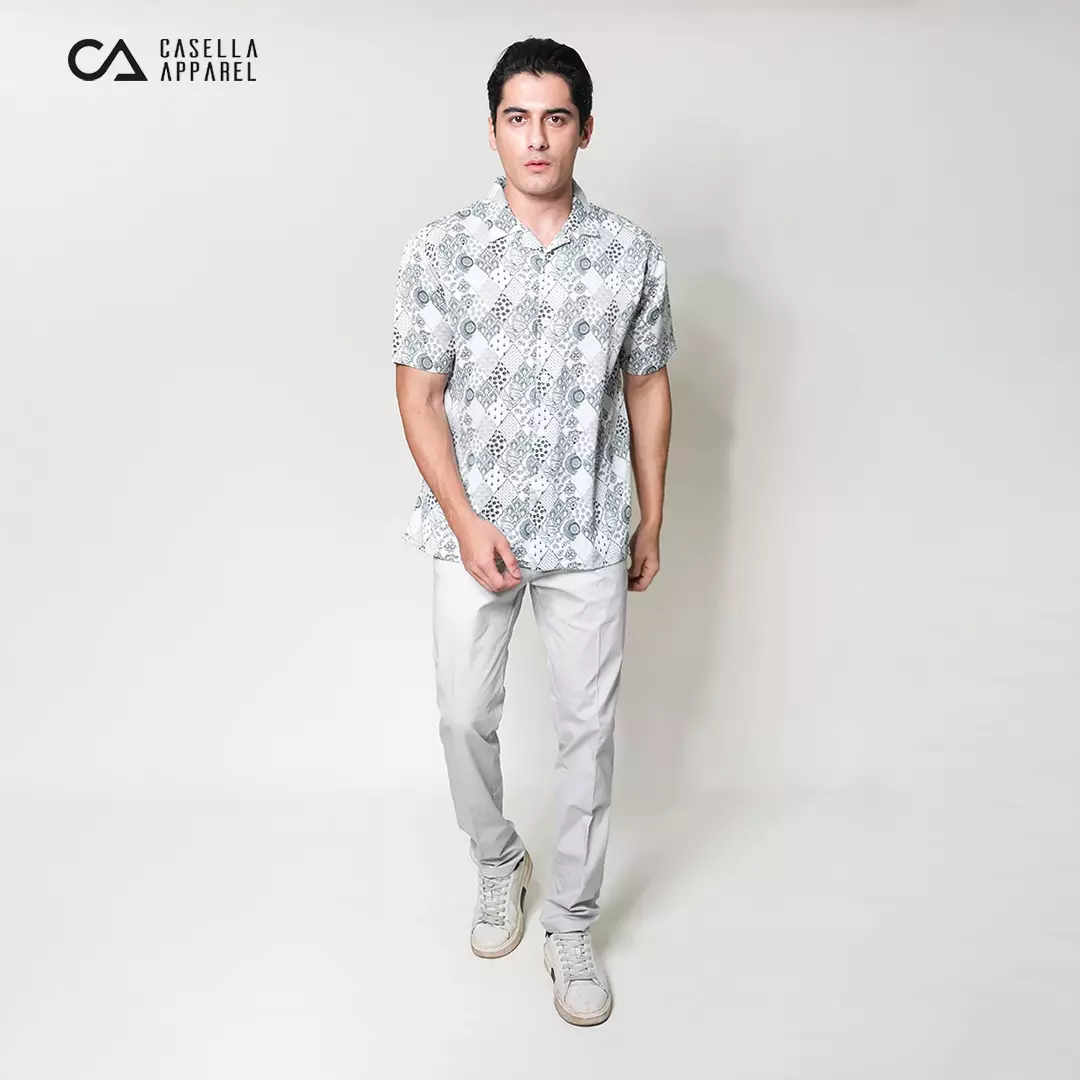 Casella Kemeja Lengan Pendek Kerah Terbuka | Cuban Camp Bowling Collar Xantif Edition 2360 White Green