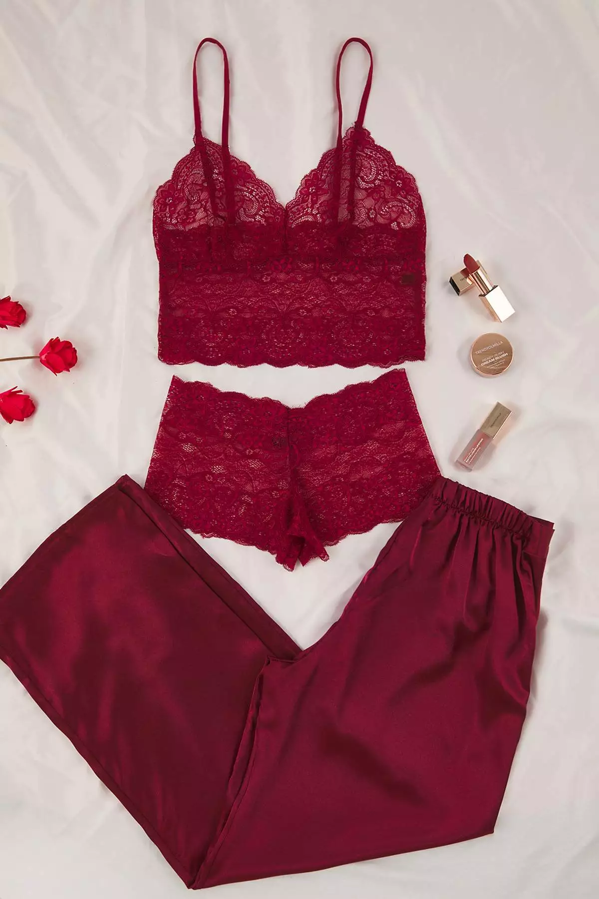 Burgundy 3-Piece Dowry Set Lace Top, Satin Bottom Suspender Panty Woven Pajama Set