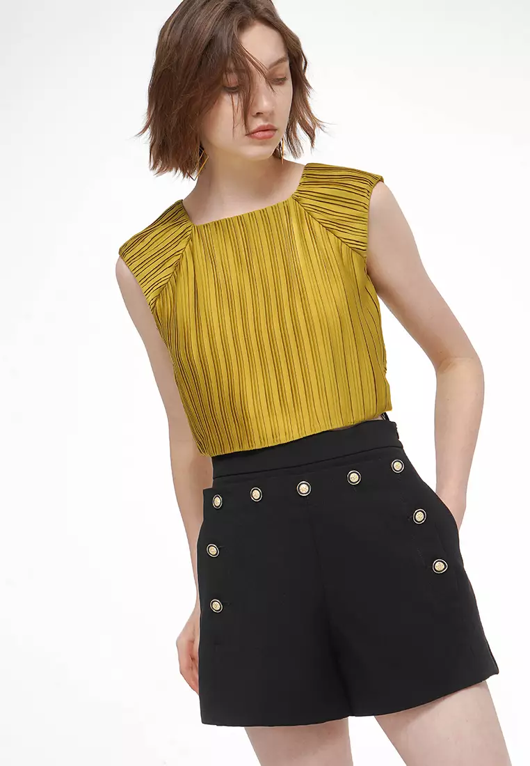 Square Neck Back Cutout Pleated Top