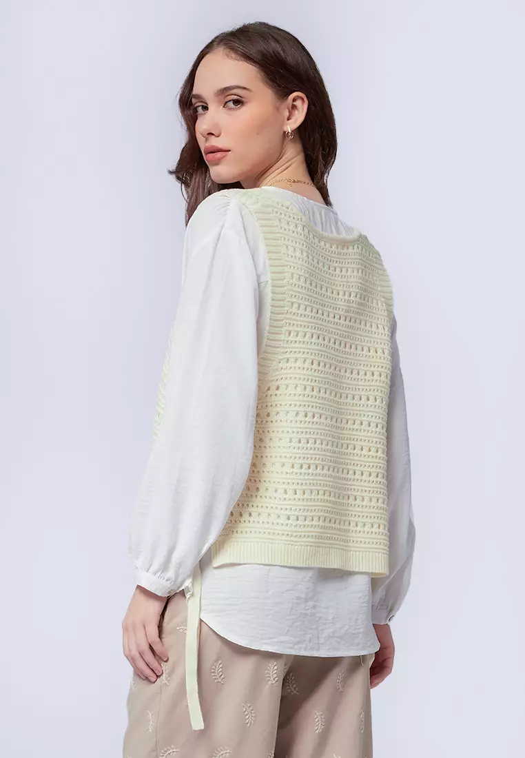 V-Neck Crochet Vest with Side Tie ECRU