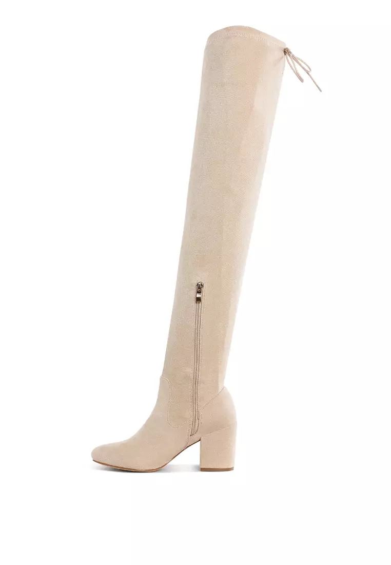 Minimal Drawstring Detail Knee-High Boots in Beige