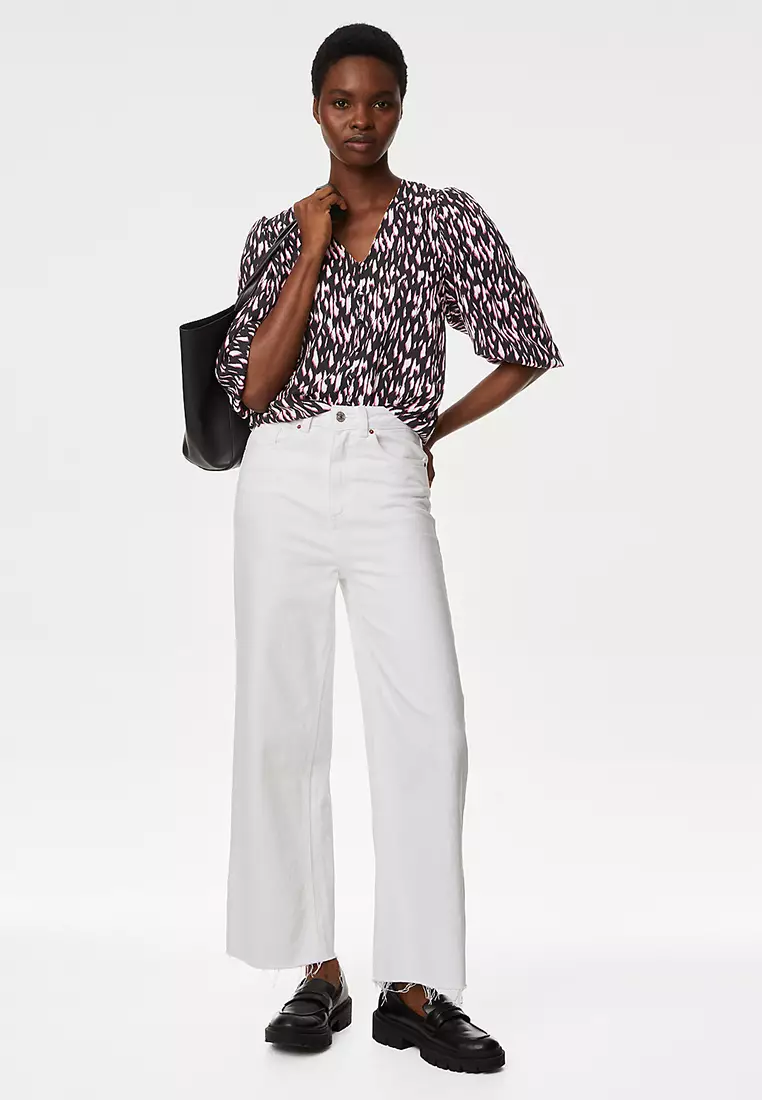 Floral V-Neck Button Detail Blouse