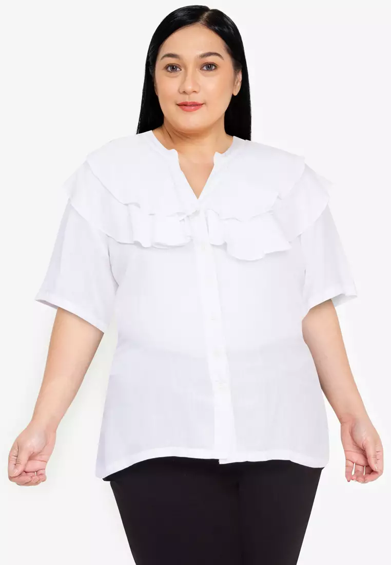 Plus size white top blouse with ruffles