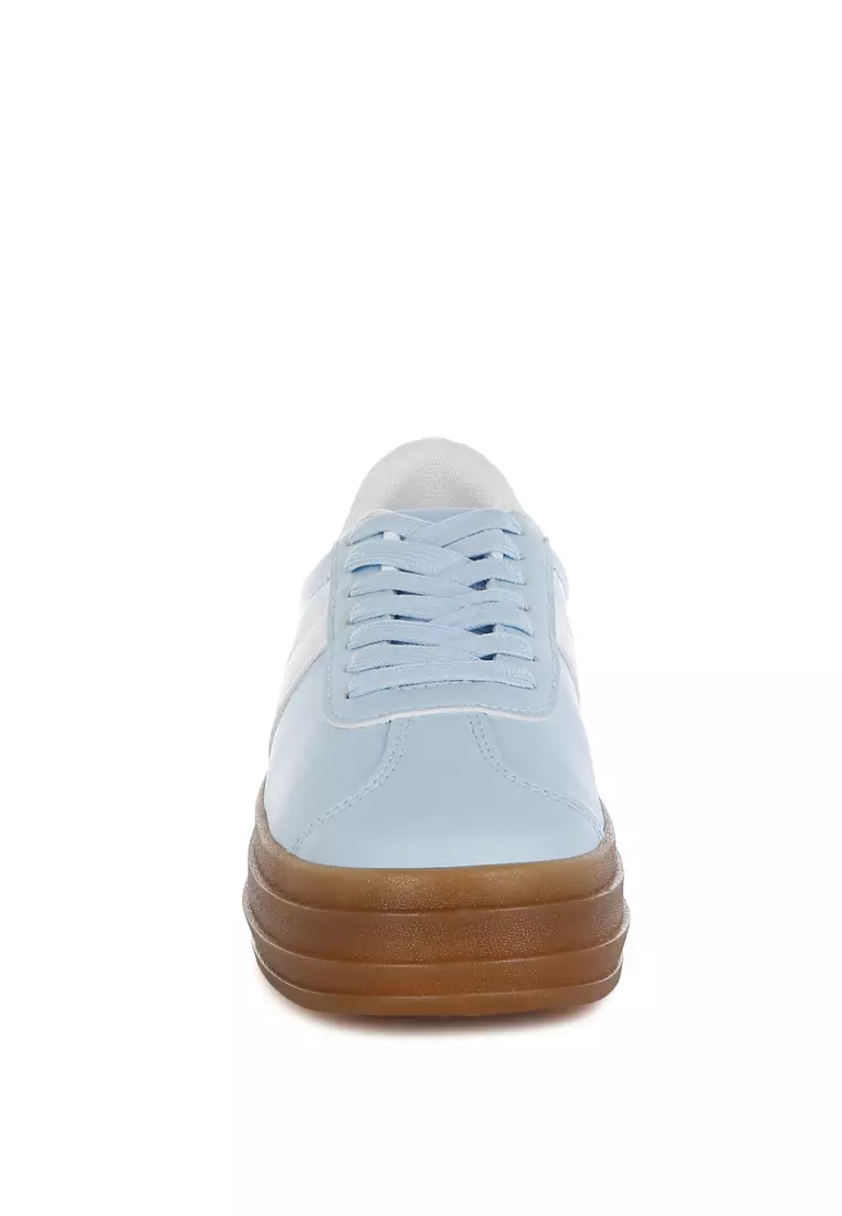 Faux Leather Lace-Up Sneakers in Light Blue