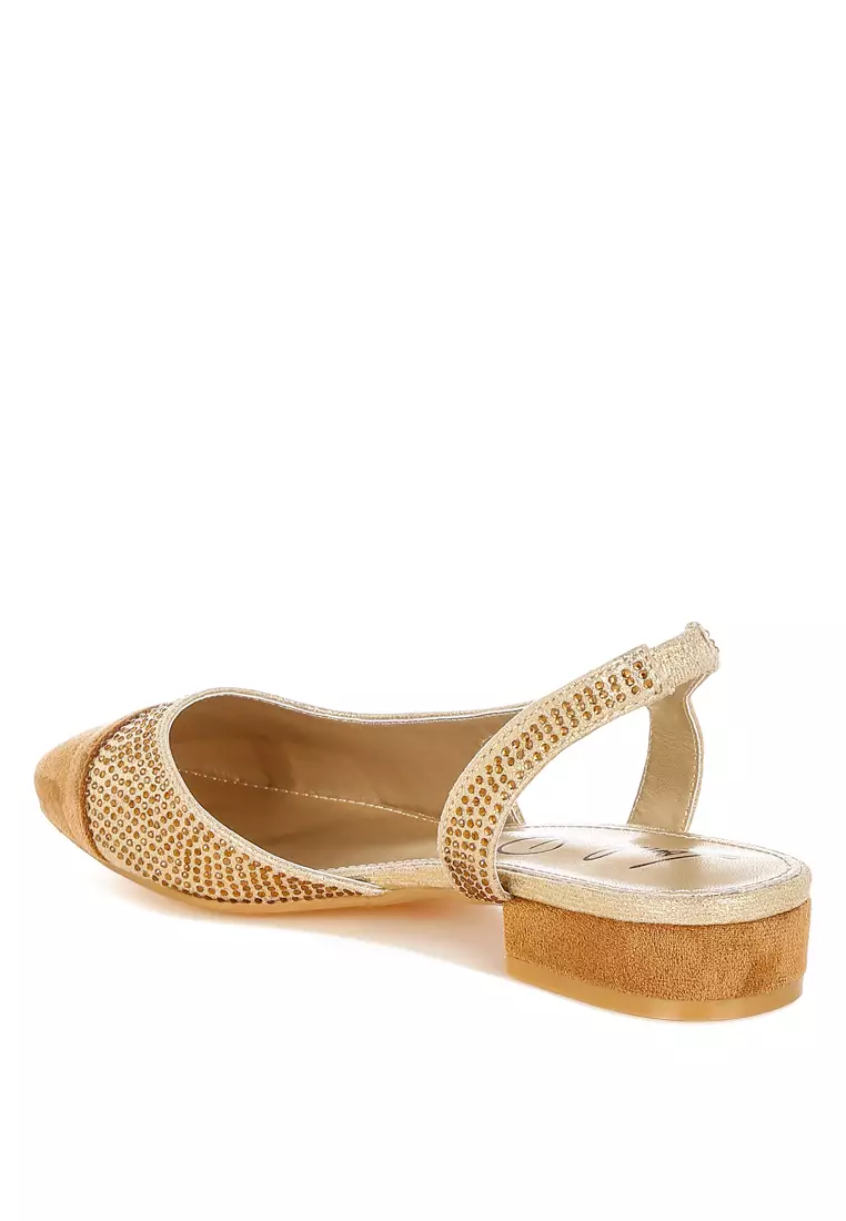 Rhinestone-Studded Glitter Flats in Gold