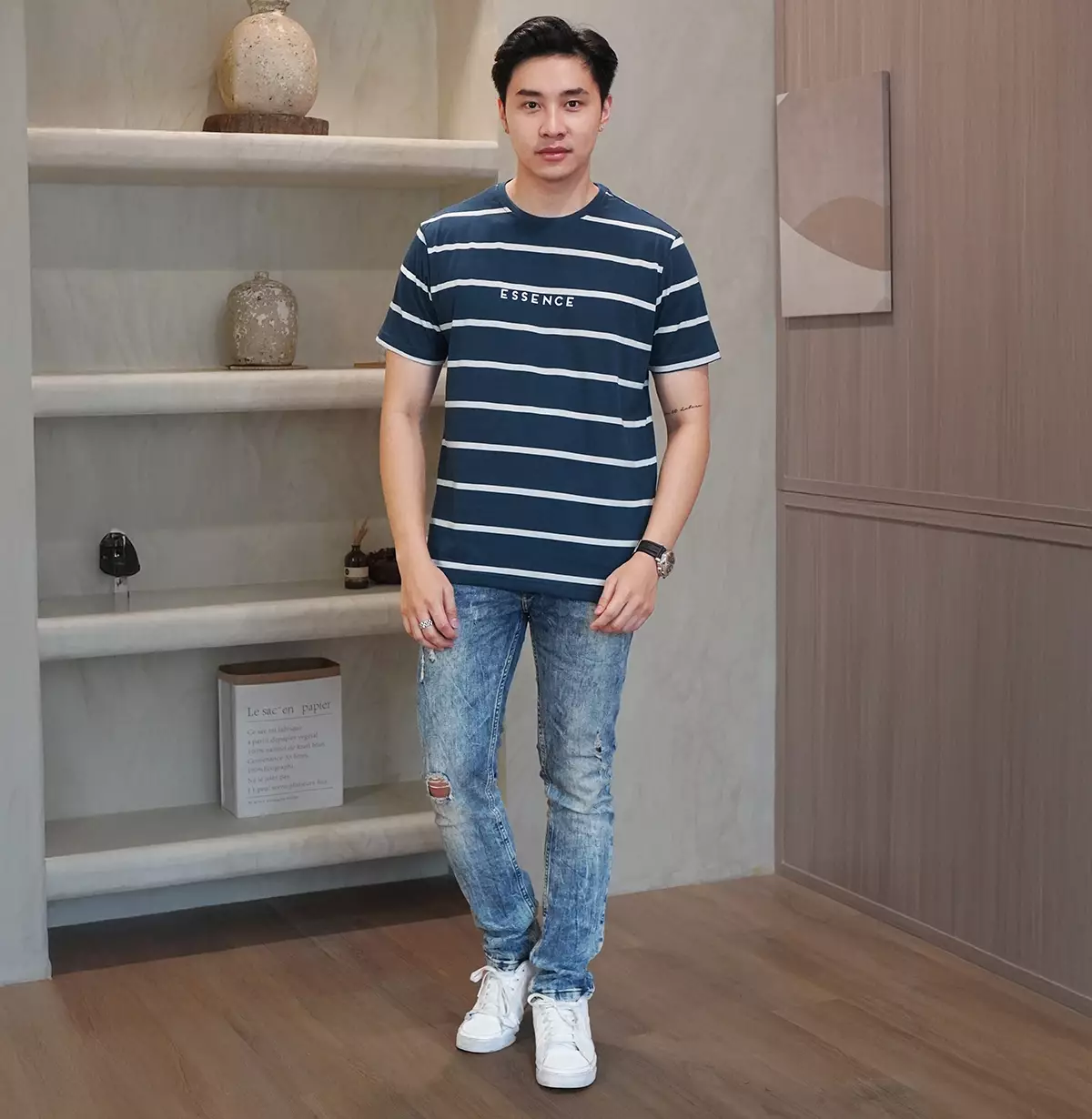 Matsuda T Shirt Pria Kaos Stripe Essence Baju Katun Garis Blue Teal