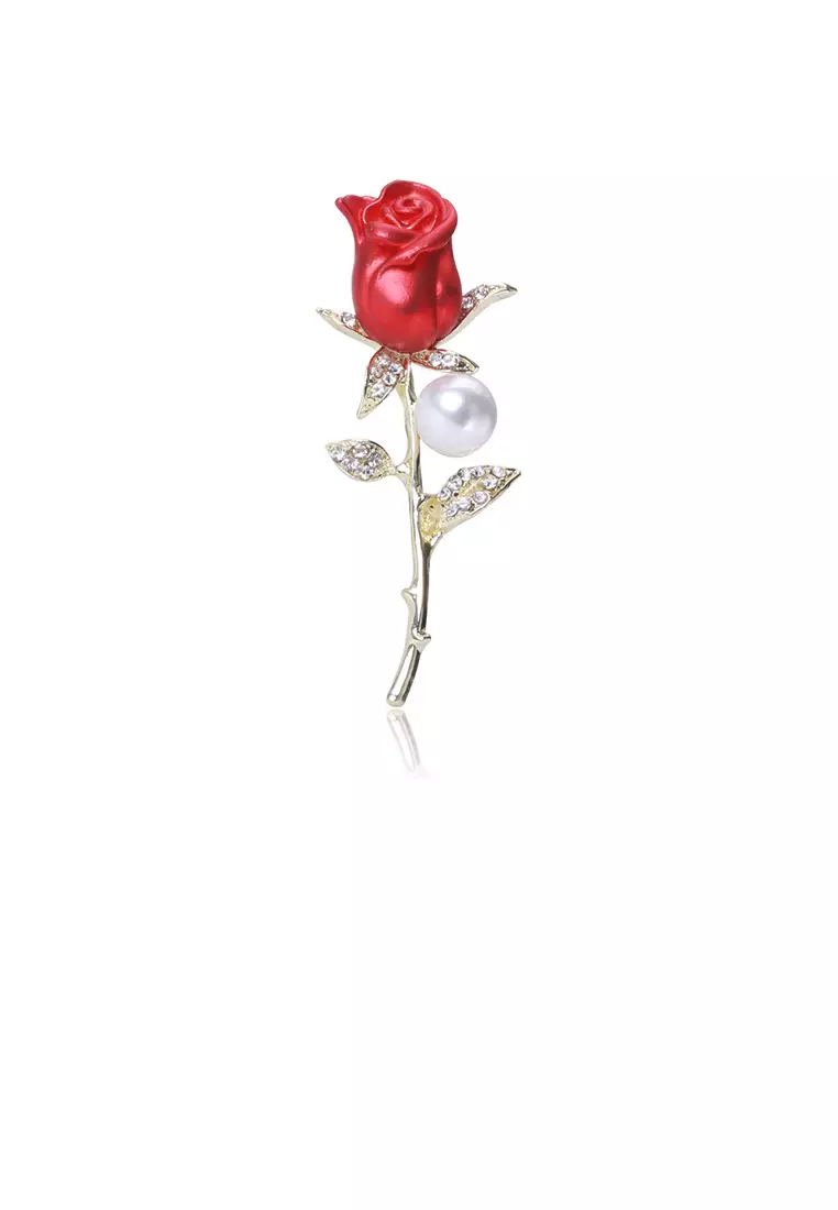Fashion and Elegant Plated Gold Red Rose Imitation Pearl Brooch with Cubic Zirconia