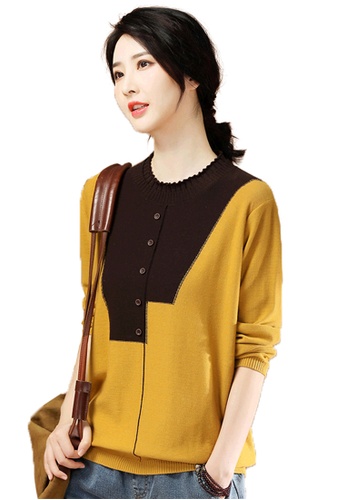 A-IN GIRLS yellow and brown Retro Colorblock Crew Neck Sweater CC9E0AA68AEF13GS_1