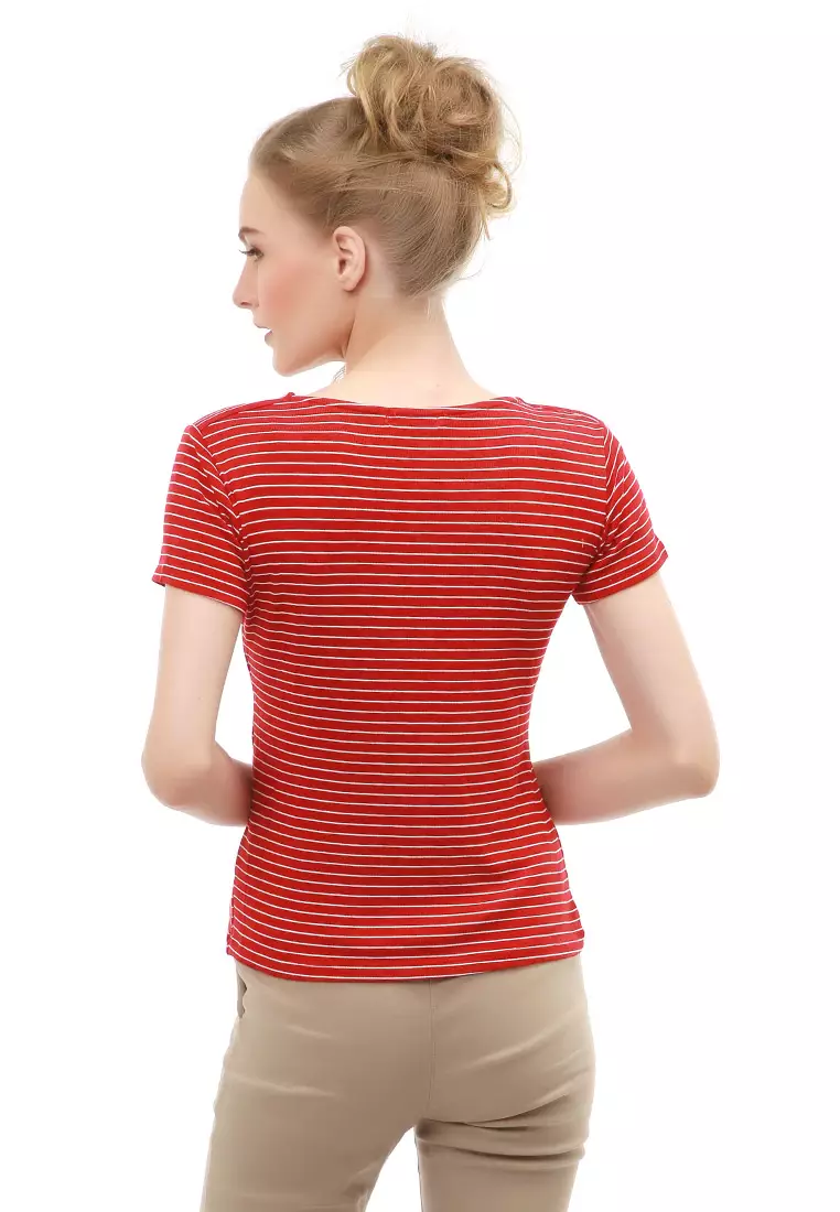 Genevie Blouse Kasual Wanita Lengan Pendek Model Salur Variasi Kerut Tengah Material Cotton ORIGINAL - Maroon