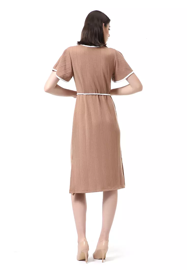 Rachel Dress Wanita Lengan Pendek Model Tali Pinggang Plain Motive Material Curly Kinit ORIGINAL - Brown