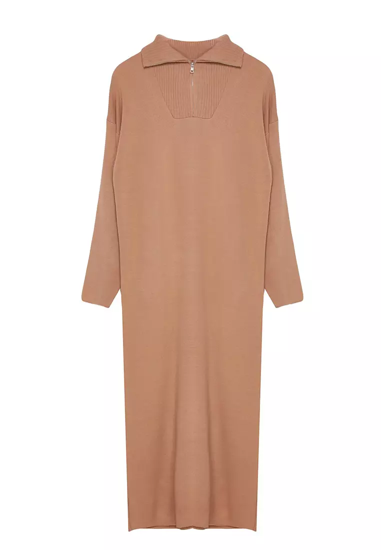 Camel Comfortable Fit Basic Knitwear Dress with Zipper Collar TCTAW25EB00013