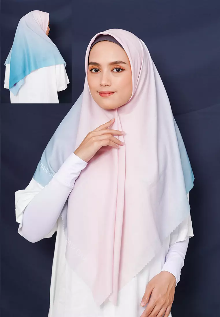 WK046 kerudung segi empat gradasi multicolor DAW Project Glow Series Violet Aqua