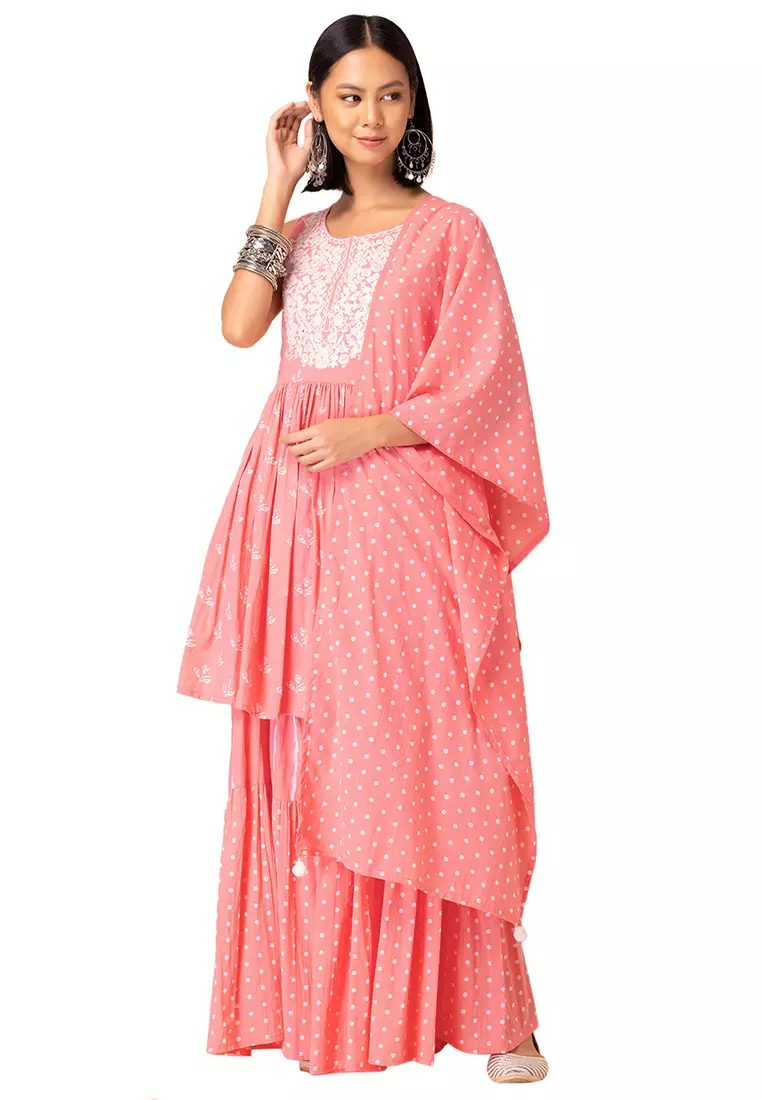 Pastel Pink Printed Cotton Suit- Set of 3