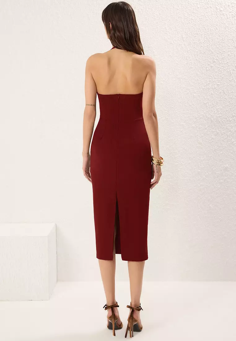 Burgundy Accessory Detailed Woven Elegant Evening Night Graduation Dress