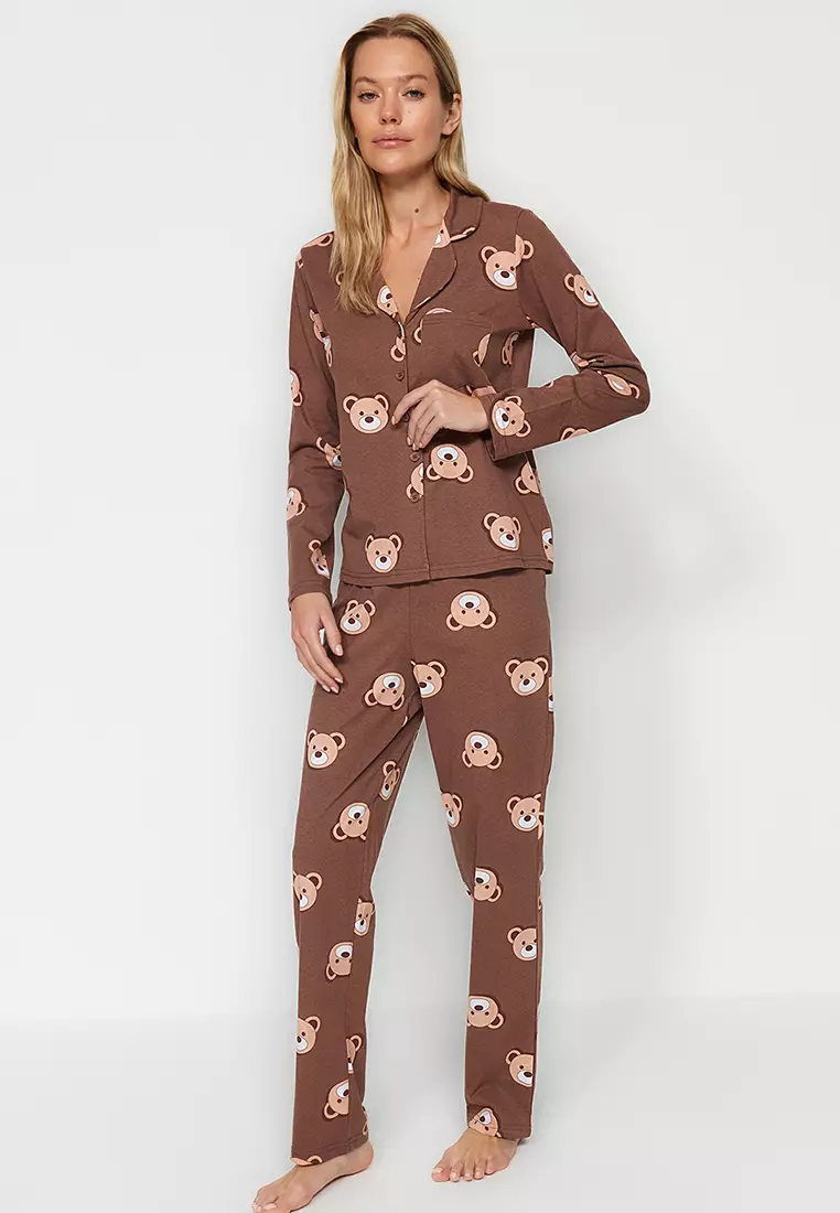 Brown 100% Cotton Teddy Bear Patterned Shirt-Pants Knitted Pajama Set Thmaw24Pt00002