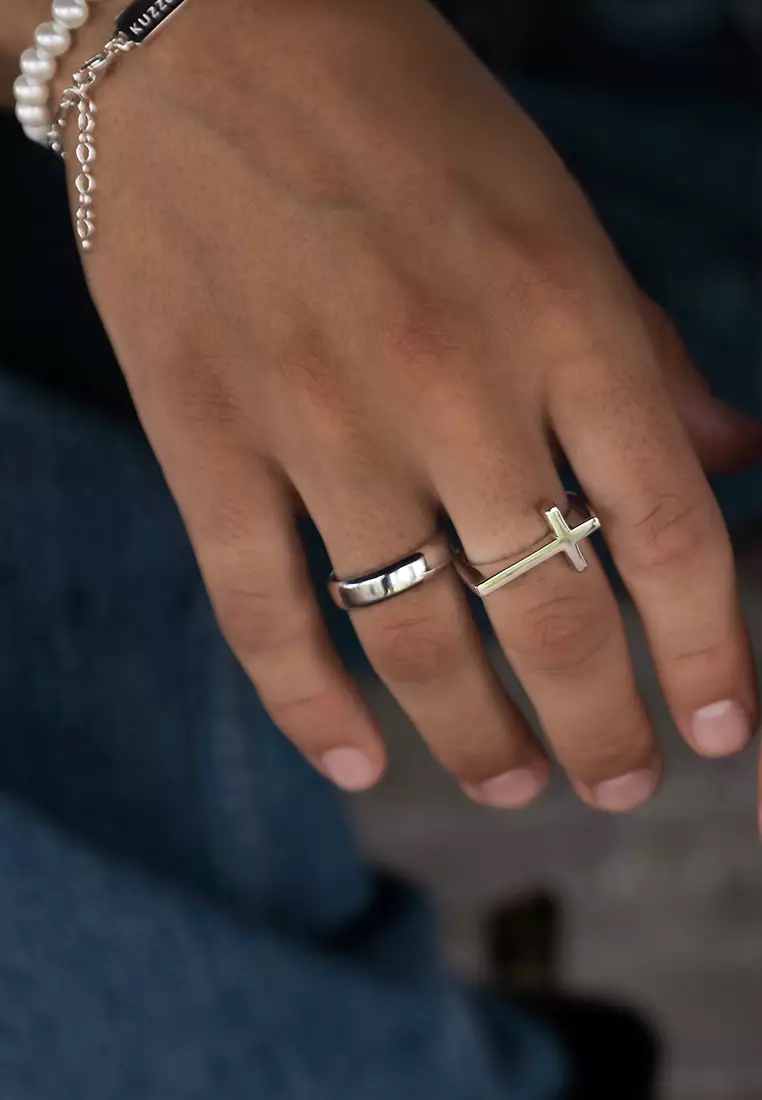 Men's Silver Upright Cross Band Ring