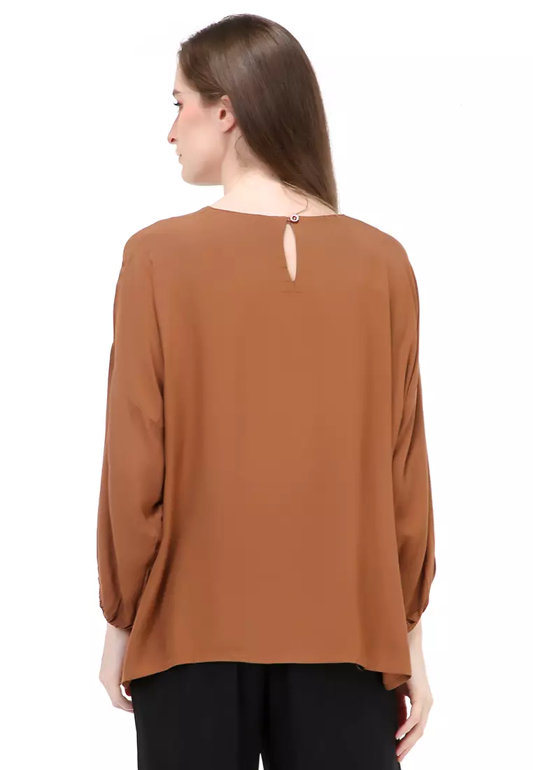 Jennifer Blouse Long Sleeves Wanita Motif Polos Atasan Casual - Caramel