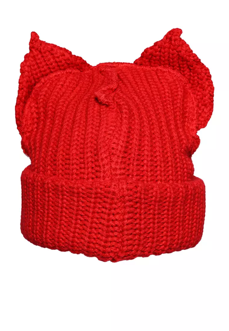 Buttoned Animal Ears Beanie In Red