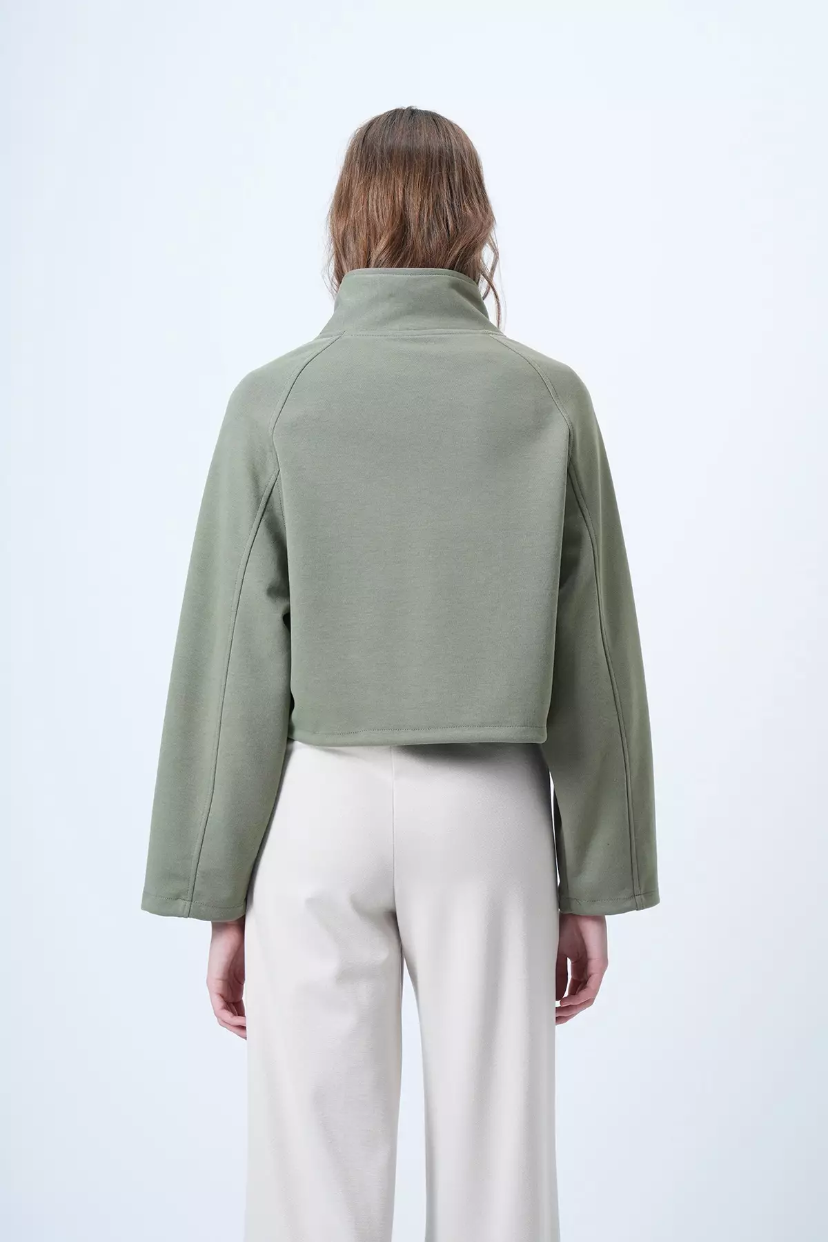 Women'S Khaki Stand Collar Double Pocket Raglan Sleeve Jacket Alc-X14409