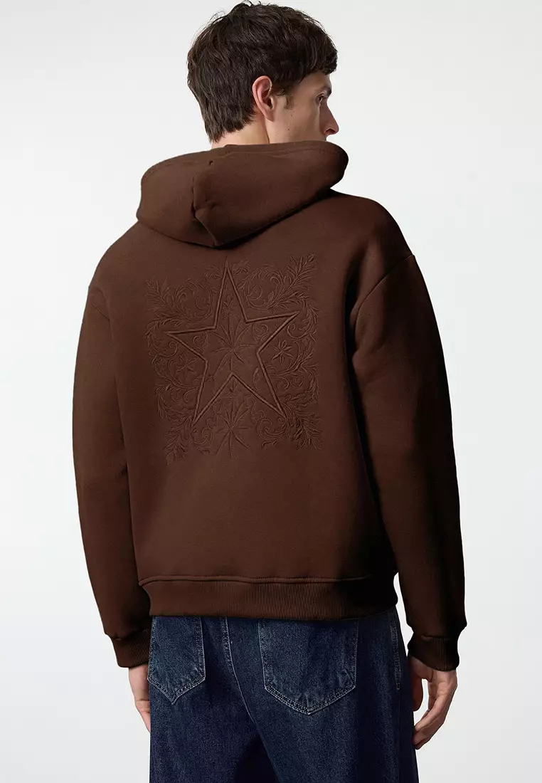 Dark Brown Oversize/Wide Cut Back Embroidered Detailed Hooded Sweatshirt TMNAW25SW00142