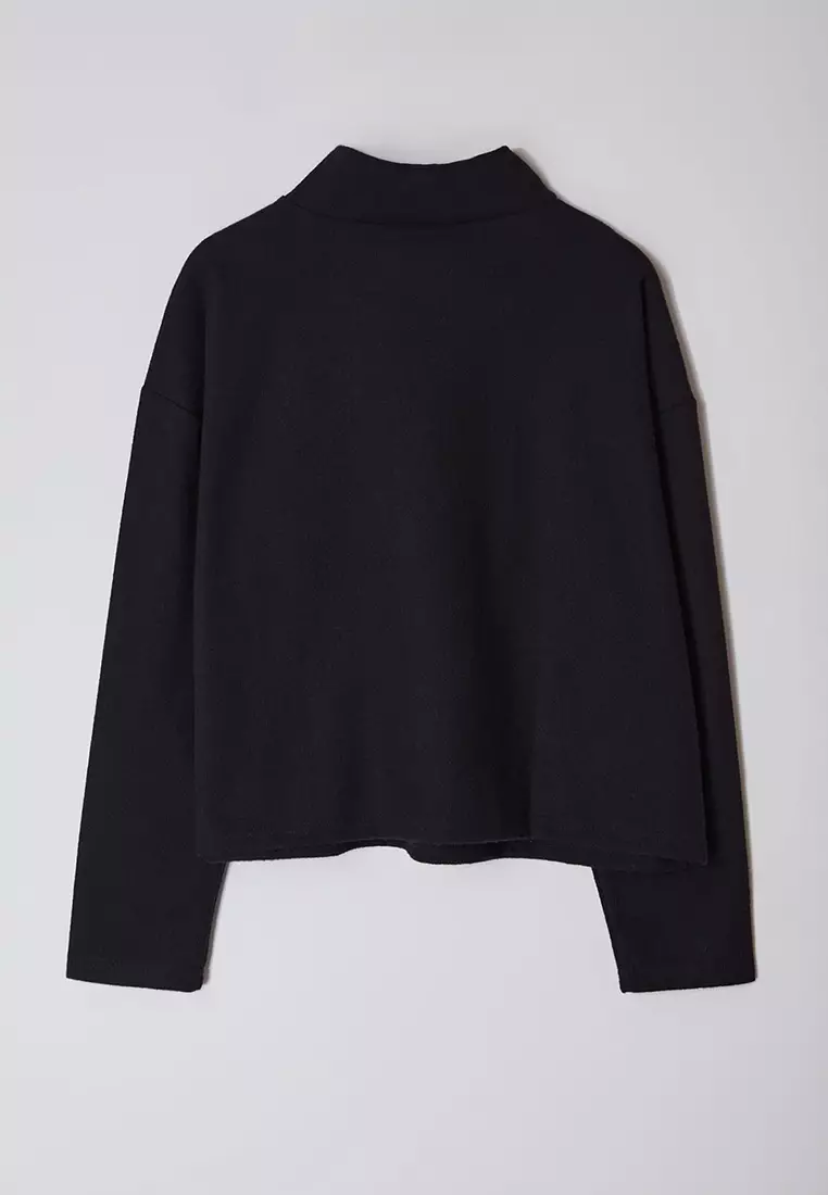 Black Stand Collar Zip Slim Knitted Sweatshirt
