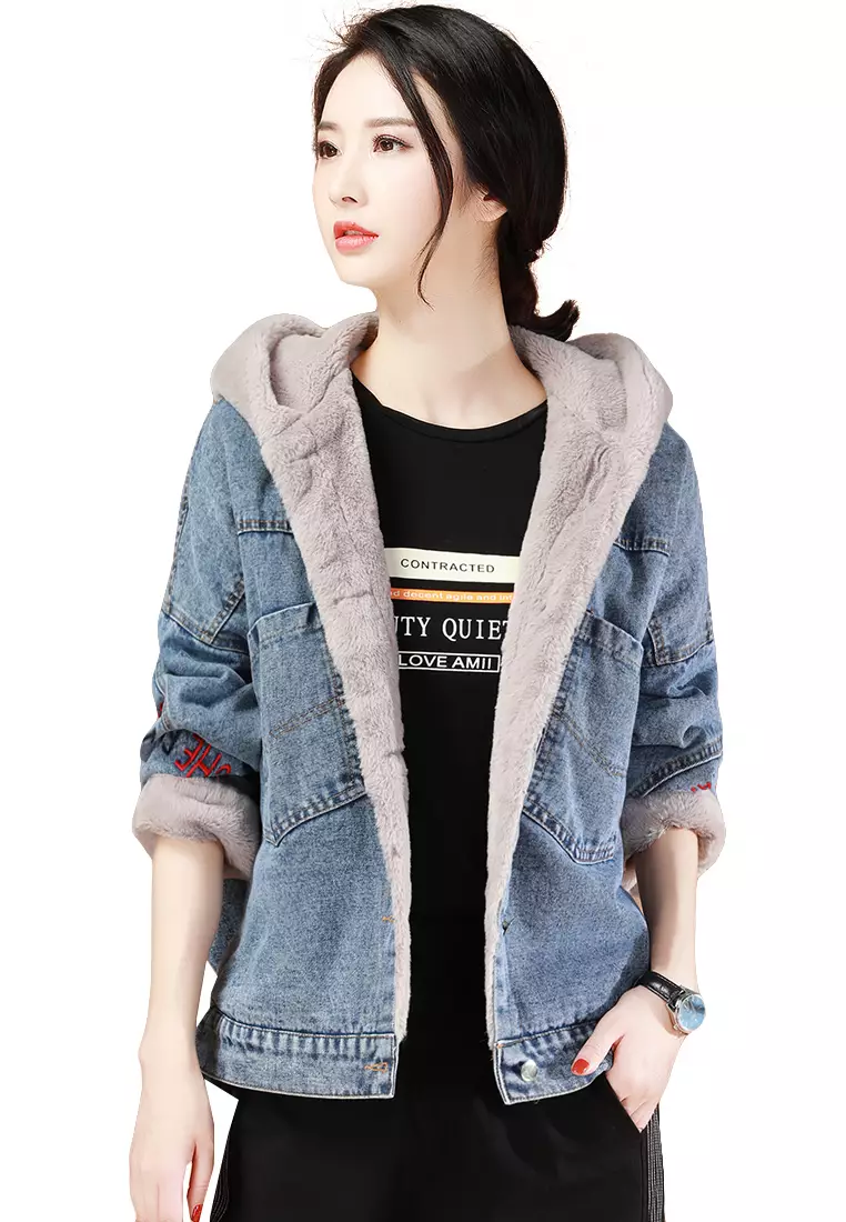 Fur hooded denim clearance jacket