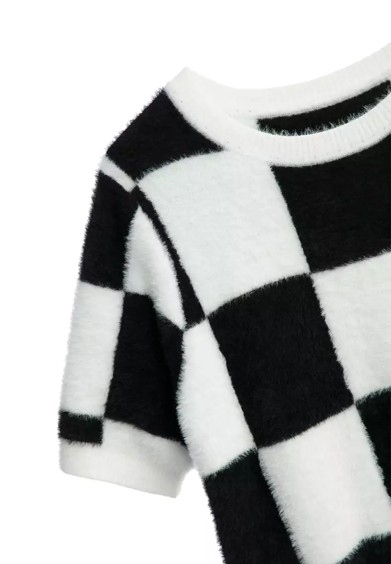 Black White Checkered Fuzzy Top