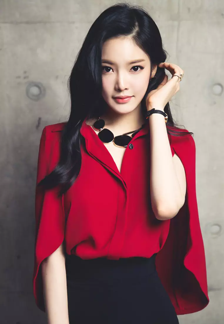 Red Chiffon Cape Shawl Button Down Top A083118