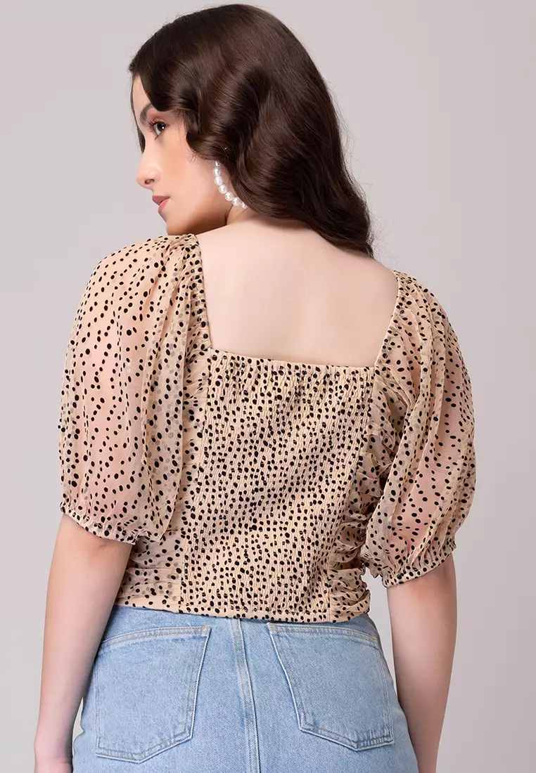 Beige Flock Print Crop Top