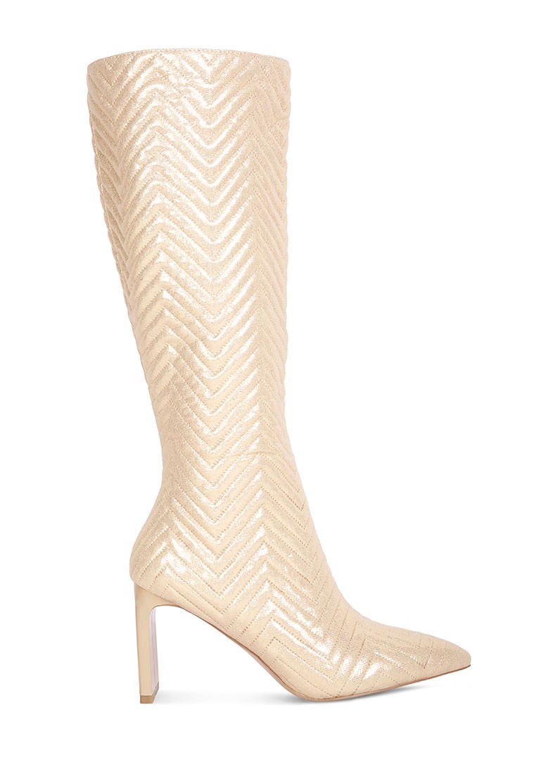 Beige Quilted Italian High Block Heeled Calf Boots