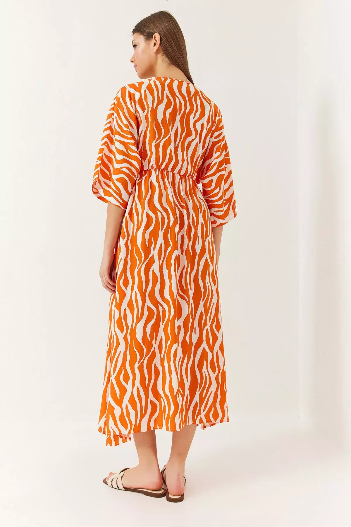 Women's Double Breasted V Neck Front Slit Detail Print Dress 60261411