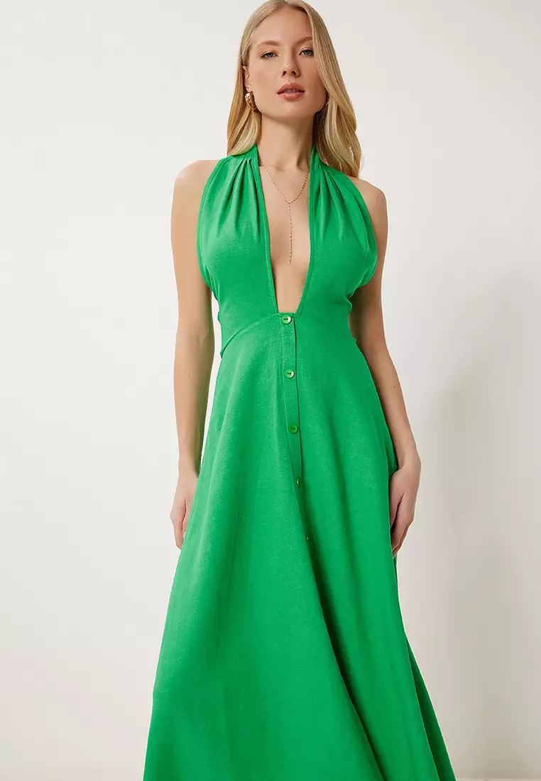 Women's Green Halter Neck Summer Linen Dress Fk00020