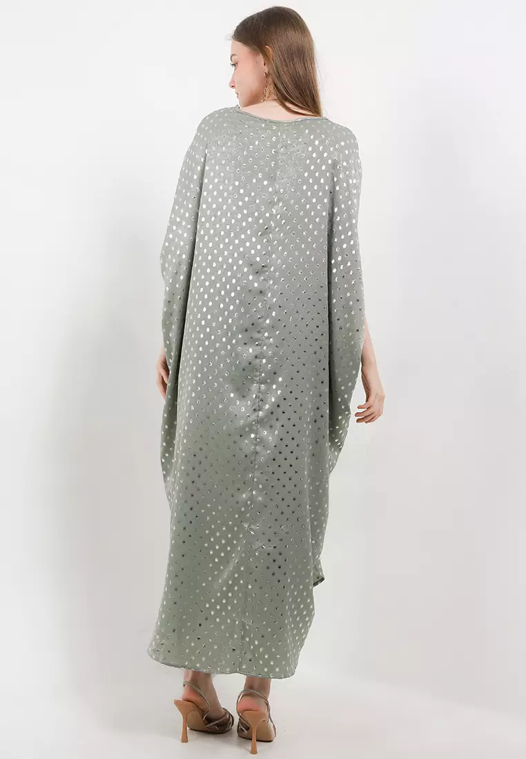 Silver Print Ruched Kaftan W/ Plastic Diamond Around Neckline