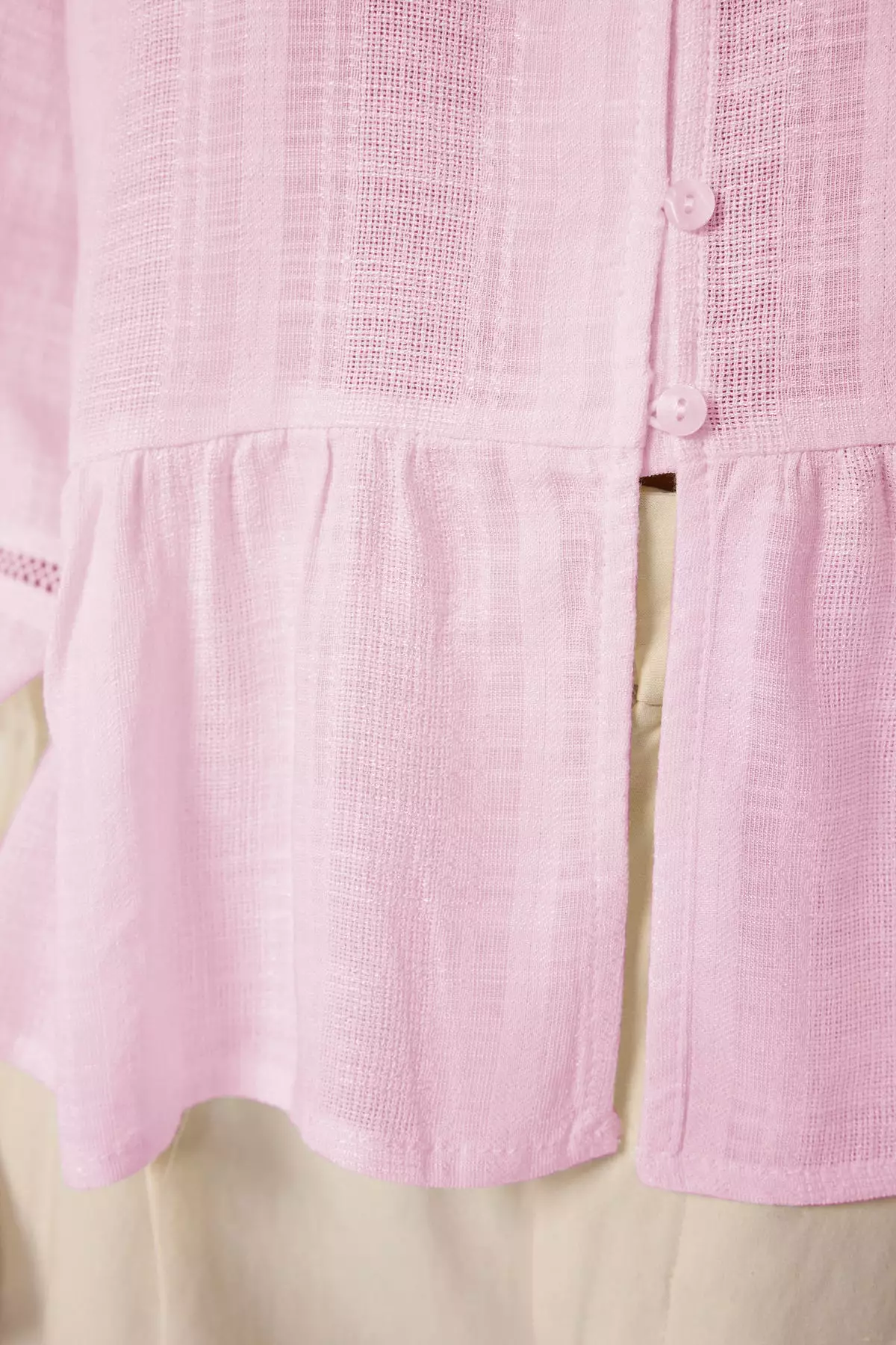 Light Pink Cotton Textured Lacy On The Sleeve Regular Normal Fit Shirt