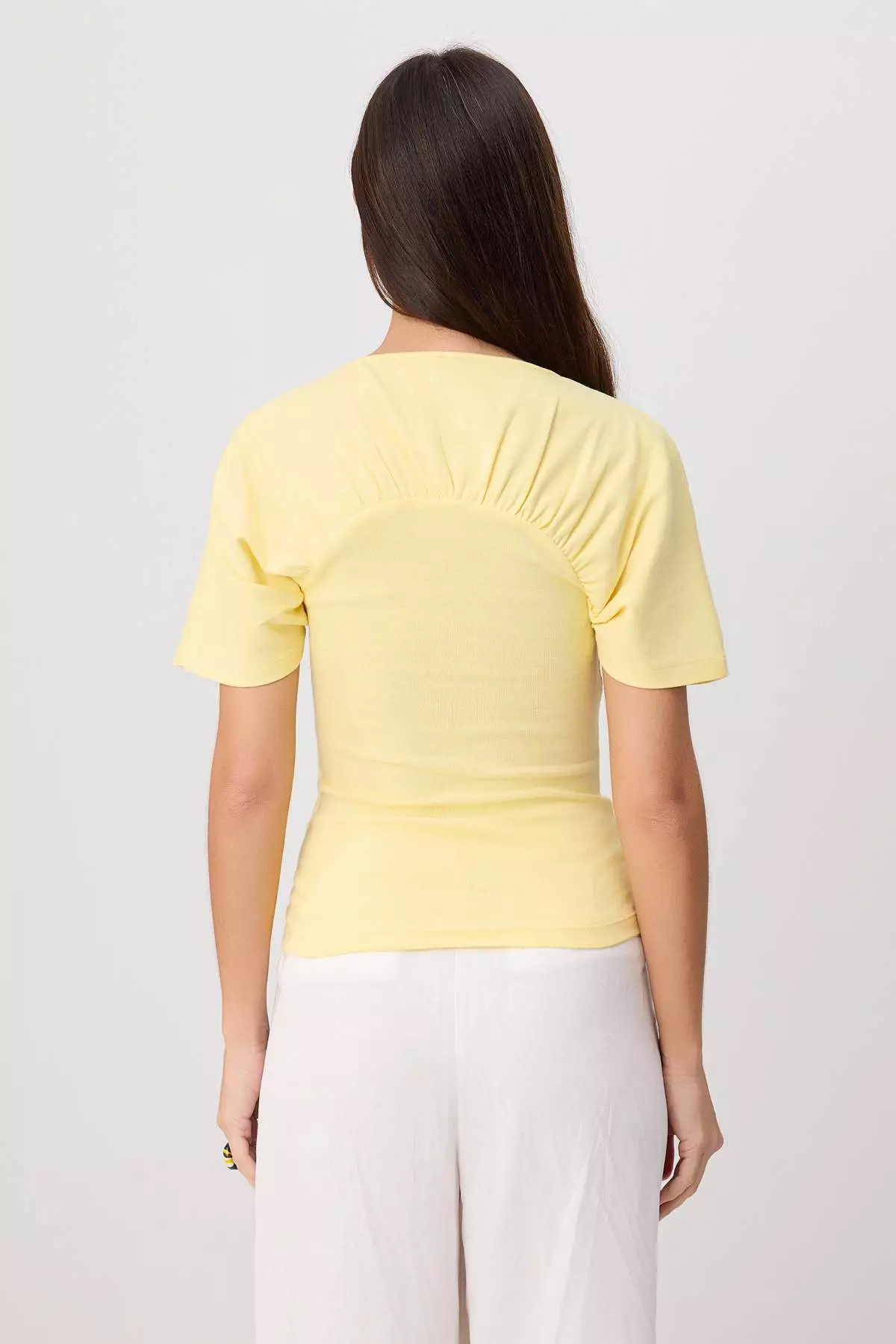 Yellow Fitted/Bodycon Boat Neck Short Sleeve 100% Cotton Knitted T-Shirt Twoss26Ts00264