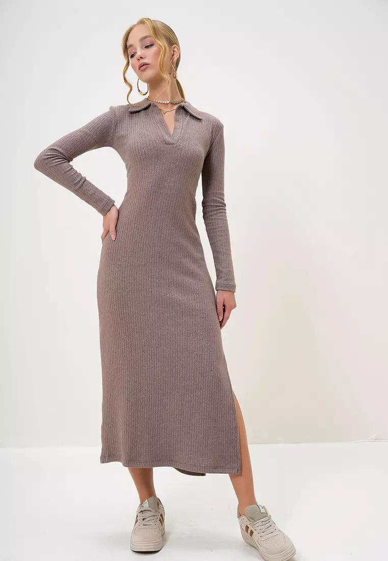 Women's Mink Polo Collar Half Placket Side Slit Interlock Fabric Dress
