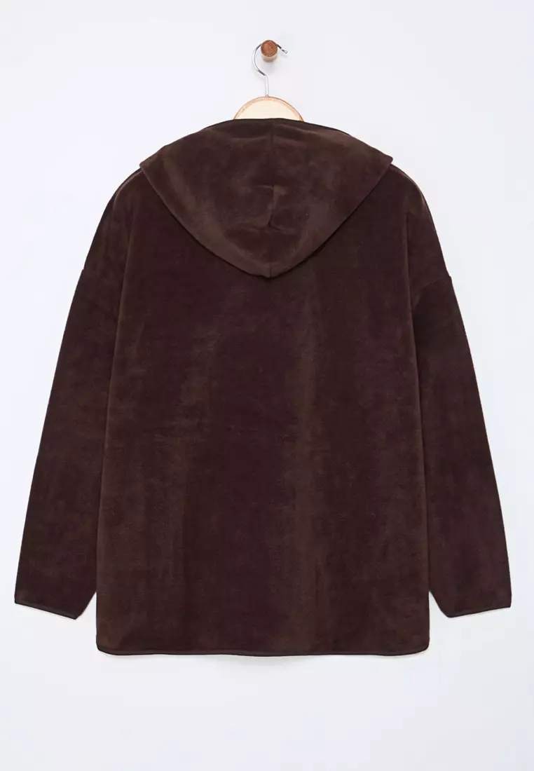 Brown Thick Fleece Hooded And Zippered Oversize Knitted Plus Size Sweatshirt Tbbaw25Ao00030