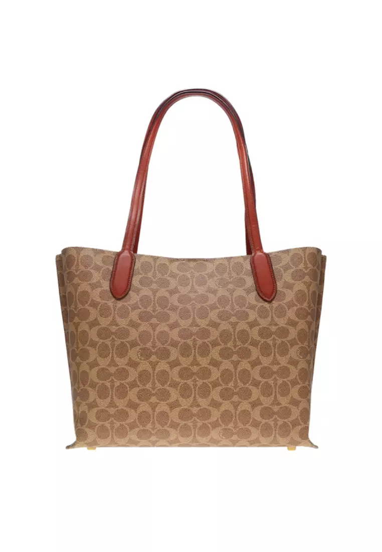 COACH WILLOW Women's Khaki-Red Brown Signature Print Tote Handbag