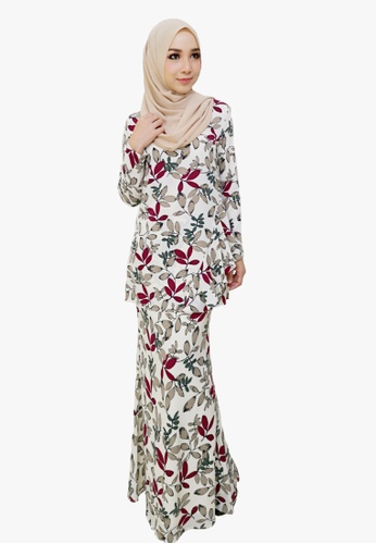 Floral Printed Kurung Moden from Zoe Arissa in white and Multi