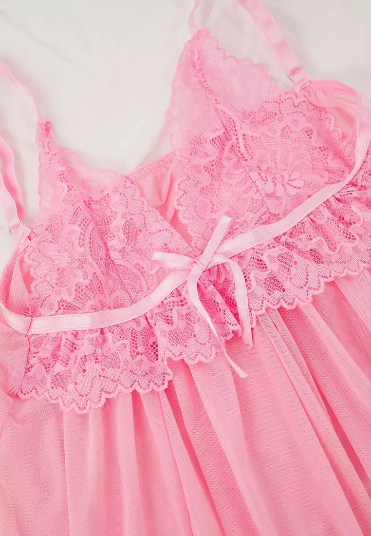 Pink Tulle Ribbon/Bow And Lace Detailed Uncovered Pantyhose Babydoll/Fantasy Nightgown