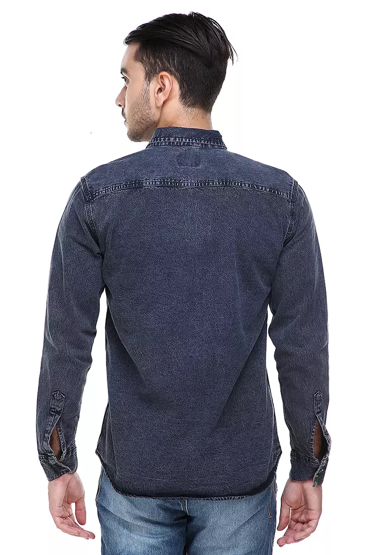 Dwan Casual Shirt Baju Kemeja Jeans Pria Lengan Panjang Material Denim ORIGINAL - Black