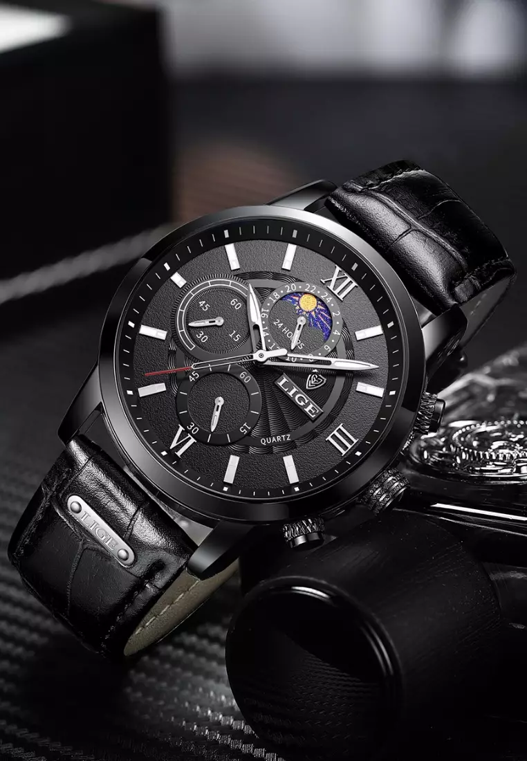 Chronograph, Unisex, IP Black Stainless Steel Quartz Watch 43mm, Black dial, Black Leather Strap