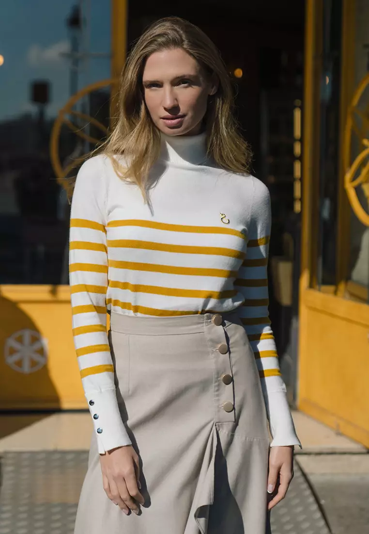 Jenna and Kaia - Nafa Turtleneck Stripe Lemon Curry - Kaos Turtleneck Wanita